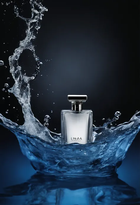 Black and white background with blue gradient showing a product falling vertically into the water, Enhance the visual appeal of the perfume to exude elegance and sophistication . You are free to use enlightenment, texturizado, and composition to create a l...