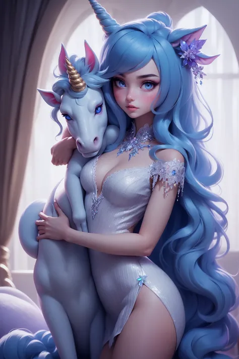 {-erro_de_anatomia:1.0} There is a white unicorn girl, blue mane and long mane, white unicorn, unicorn, unicorn horns, A unicorn, celestia, Nine stories, blue unicorn, soft dreamy, cinematic light《fangs》Unicorn in, mythological creatures, a mythical creatu...