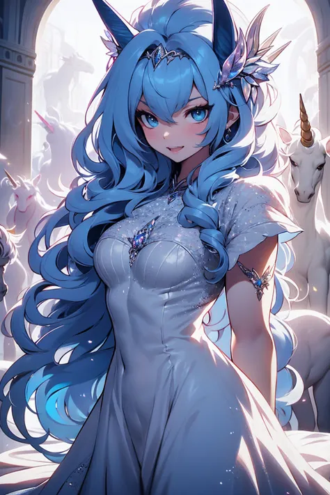 {-erro_de_anatomia:1.0} There is a white unicorn girl, blue mane and long mane, white unicorn, unicorn, unicorn horns, A unicorn, celestia, Nine stories, blue unicorn, soft dreamy, cinematic light《fangs》Unicorn in, mythological creatures, a mythical creatu...