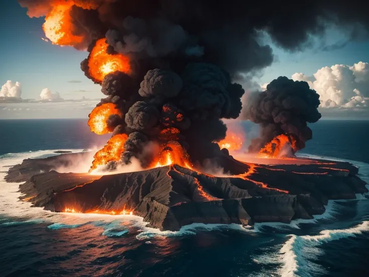 (best quality,4k,highres),aerial view,eruption of submarine volcano,flowing lava pouring into the sea,intense steam,yacht,dramatic scenery,natural disaster,ocean,vivid colors,dangerous situation,adventure,horizon,orange and red hues,magnificent,awe-inspiri...