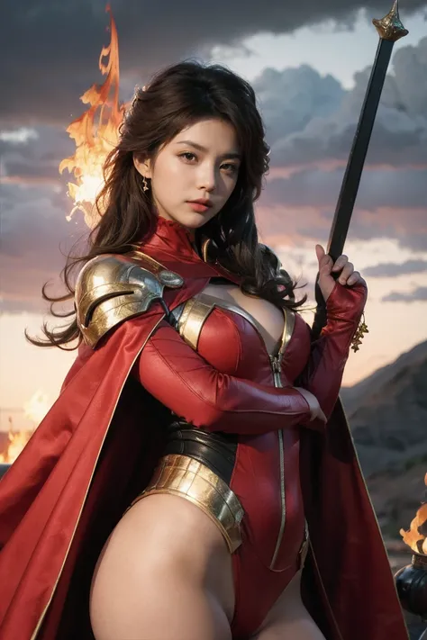 highest quality, masterpiece, realistic, High resolution, 8K RAW写真, 1 girl、long hair、goddess、Raise your decorated sword、((glamor body:1.3))、(Red bodysuit with flame motif、gold edge、white cloak)、silver pendant、silver earrings、(((action pose)))、(planet where...