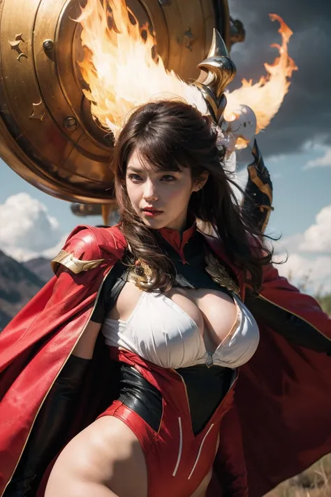 highest quality, masterpiece, realistic, High resolution, 8K RAW写真, 1 girl、long hair、goddess、Raise your decorated sword、((glamor body:1.3))、(Red bodysuit with flame motif、gold edge、white cloak)、silver pendant、silver earrings、(((action pose)))、(planet where...