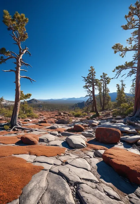 An 8k image of a desolate wilderness, reddish-brown rock surfaces, trees crawling on the ground, and an endless stretch of blue sky beyond.