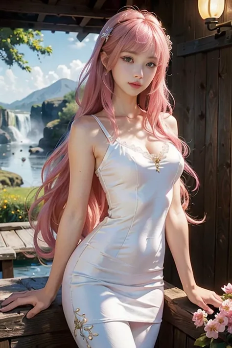   (lifelike:1.4), Beautiful and delicate girl, （（in a tight dress）），Akimbo，（（Sea of flowers：1.7））（Standing frontally：1.3），black leggings，Very detailed , beautiful and delicate eyes, （whole body 1.3）， （Pink hair 1.2）, super detailed, high resolution, Very d...