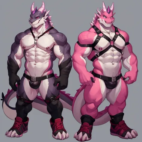 there are two different poses of a gray dragon male, back position, front position,sketches of a dragon male, pink dragon fursona, [ character design ], character adoptable, anthropomorphic dragonmale, tome + concept art, full body concept, fursona art, fu...