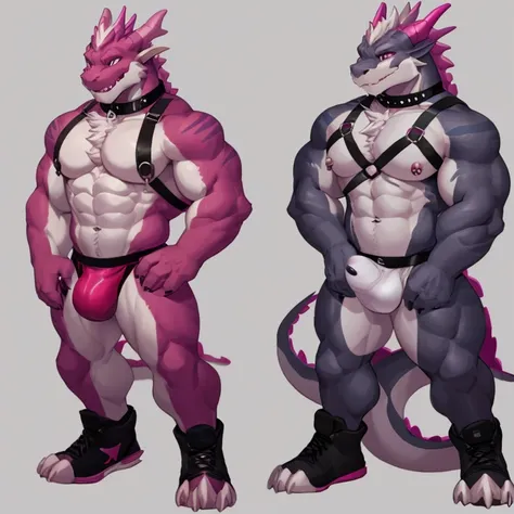 there are two different poses of a gray dragon male, back position, front position,sketches of a dragon male, pink dragon fursona, [ character design ], character adoptable, anthropomorphic dragonmale, tome + concept art, full body concept, fursona art, fu...