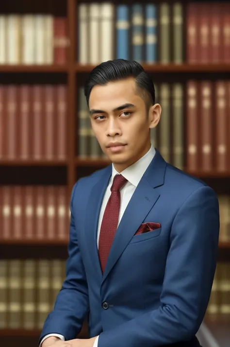 (classy, professional) portrait of a indonesia lawyer, 25 years old, wearing a sophisticated suit with a perfectly tailored tie....