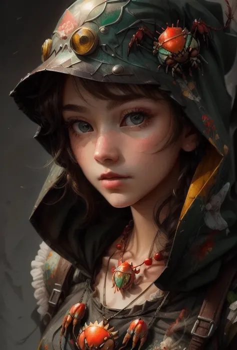 {{{highest quality}}}, {{Super detailed}}, {{very delicate and beautiful}}, (highest quality, In 8K, 32K, ),front facing portrait、(masterpiece), (highest quality), (Super detailed),front facing portrait、realistic oil painting 、girl wearing a crab helmet、we...