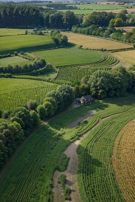 ...A beautiful and detailed aerial view of a tranquil farmland with a cobblestone pathway weaving among the verdant greens and golden fields. The scene is rendered in a rich and vibrant color palette, with the sun casting long, warm shadows over the rollin...