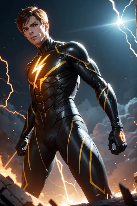 Reverse Flash stands atop a lightning-struck tower, his eyes glowing with malevolent power. His costume is a black and red blur, with a glowing yellow lightning bolt emblazoned on his chest. His hands crackle with electrical energy, ready to unleash his de...