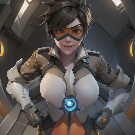 tracerover, 1girl, tracer (overwatch), solo, orange goggles, brown hair, goggles, short hair, spiked hair, brown eyes, upper bod...