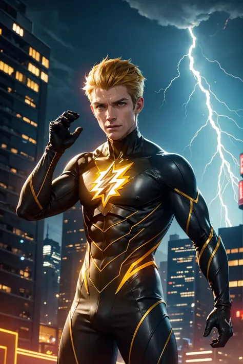 Reverse Flash stands atop a lightning-struck tower, his eyes glowing with malevolent power. His costume is a black and red blur, with a glowing yellow lightning bolt emblazoned on his chest. His hands crackle with electrical energy, ready to unleash his de...