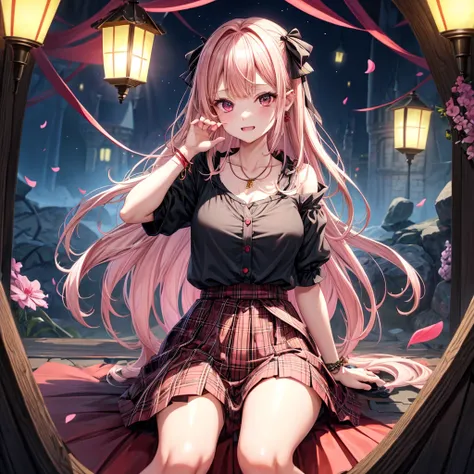 pink blonde、red eyes、one good looking girl、solo、anime、plaid mini skirt、the skirt has buttons、black camisole、black t-shirt、dress、wearing a ribbon、ribbon at waist、cloak、hood、stone slabs are piled up、raising one hand、crystal earrings、monster castle、jewelry ne...