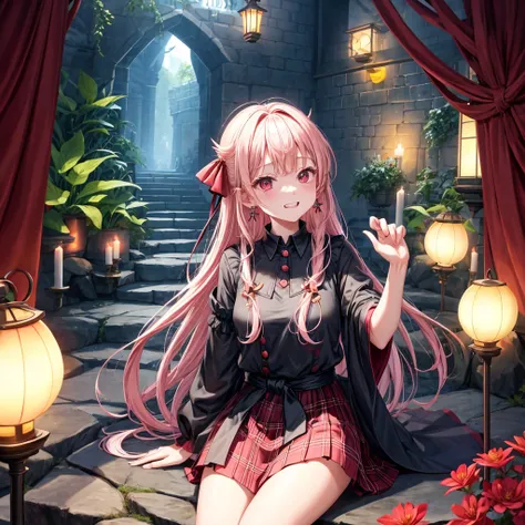 pink blonde、red eyes、one good looking girl、solo、anime、plaid mini skirt、the skirt has buttons、black camisole、black t-shirt、dress、wearing a ribbon、ribbon at waist、cloak、hood、stone slabs are piled up、raising one hand、crystal earrings、monster castle、jewelry ne...