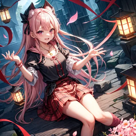 pink blonde、red eyes、one good looking girl、solo、anime、plaid mini skirt、the skirt has buttons、black camisole、black t-shirt、dress、wearing a ribbon、ribbon at waist、cloak、hood、stone slabs are piled up、raising one hand、crystal earrings、monster castle、jewelry ne...