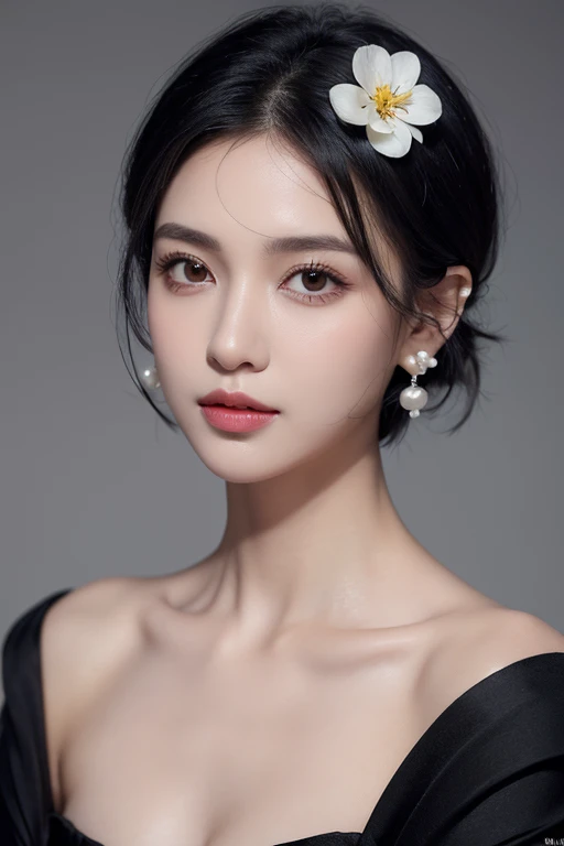 1girl,solo,black hair,short hair,jewelry,realistic,earrings,hair ornament,black eyes,lips,collarbone,flower,watermark,upper body,portrait,dress,close_mouth,With pearl earrings,