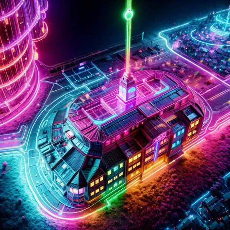 village illuminated by neon lights，glowing animals and plants，houses are circuit boards，street lamps flow with liquid light，((ae...