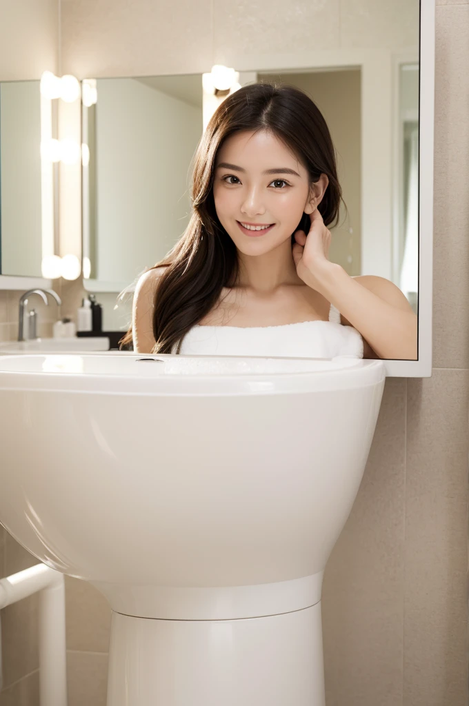  shot of A close up of a smiling young woman, looking at herself in the bathroom mirror while
   applying facial cream. The bathroom is very bright and has modern bathroom furniture. Very
   beautiful 30 year old woman, photorealistic