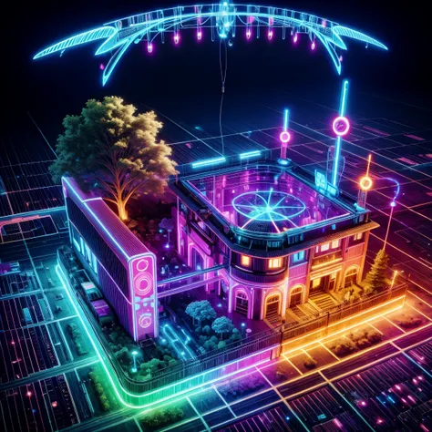 village illuminated by neon lights，glowing animals and plants，houses are circuit boards，street lamps flow with liquid light，((ae...