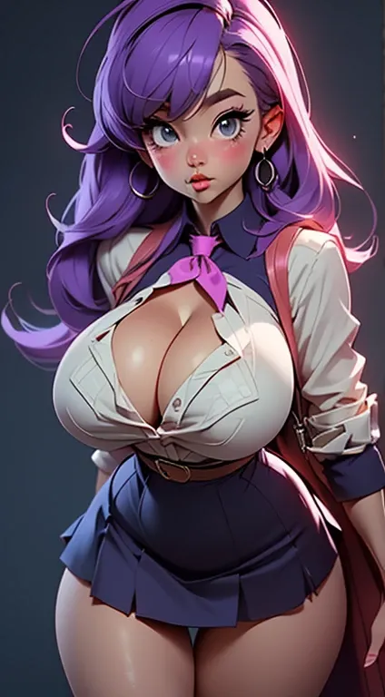 nsfw:1.4,  ((((Super huge enormously gigantic breasts, cleavage showing)))) purple hair, school girl uniform and school girl skirt, lace panties, skinny, slim thick, small waist, 8k, UHD, (accentuated super huge enormously gigantic tits, sexy seductive slu...