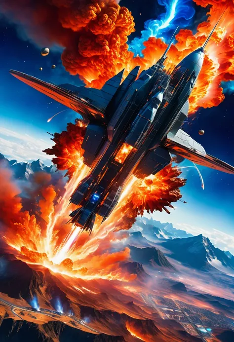 ((satellite image:1.5))，((Aerial viewing angle:1.5))，spaceship，Sky，explode，giant flame，smoke，Earth view from space，dynamic，powerful，Compared，Human exploration，mod，determination，Orange-red flame，blue sky，City，mountains，visual impact，Detailed layer