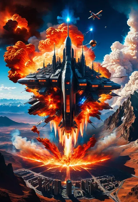 ((satellite image:1.5))，((Drone perspective:1.5))，spaceship，Sky，explode，giant flame，smoke，Earth view from space，dynamic，powerful，Compared，Human exploration，mod，determination，Orange-red flame，blue sky，City，mountains，visual impact，Detailed layer