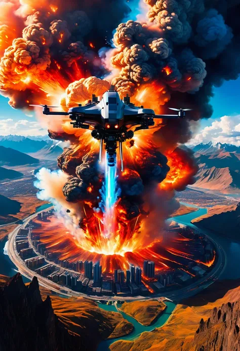 ((satellite image:1.5))，((Drone perspective:1.5))，spaceship，Sky，explode，giant flame，smoke，Earth view from space，dynamic，powerful，Compared，Human exploration，mod，determination，Orange-red flame，blue sky，City，mountains，visual impact，Detailed layer