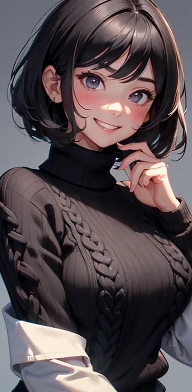 (8K、highest quality、masterpiece:1.2)、Super detailed、super resolution、Realistic、(1girl)  、(black hair)、short hair。,black eyes、(face focus,upper body),((black sweater: 1.3))、(grin:1.3),open mouth、cute face,blush、large breasts,(simple background),