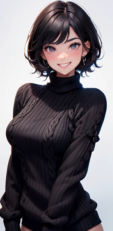 (8K、highest quality、masterpiece:1.2)、Super detailed、super resolution、Realistic、(1girl)  、(black hair)、short hair。,black eyes、(face focus,upper body),((black sweater: 1.3))、(grin:1.3),open mouth、cute face,blush、large breasts,(simple background),