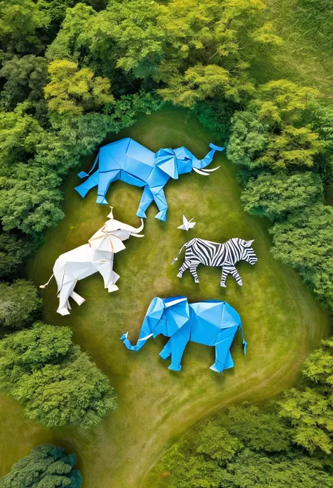 ((satellite image:1.5))，((aerial perspective:1.5))，A nature reserve showing an elephant, zebra, and lion made of origami paper that have come to life