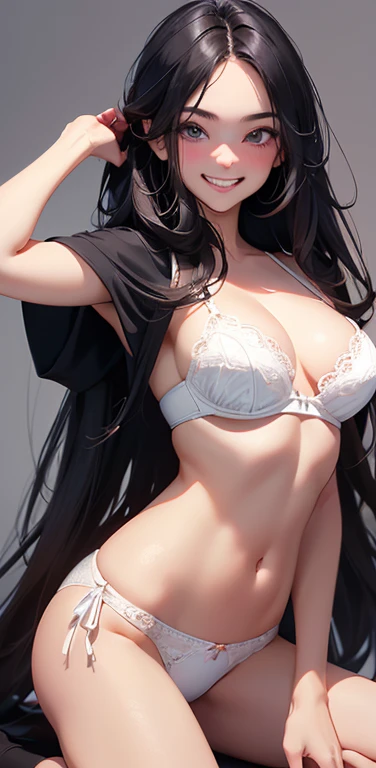 (8K、highest quality、masterpiece:1.2)、Super detailed、super resolution、Realistic、(1girl)  、(black hair)、long hair,straight hair,black eyes、forehead,kneeling,(face focus,cowboy shot),(white bra white panties only)、(grin:1.3),open mouth、cute face,blush、large b...