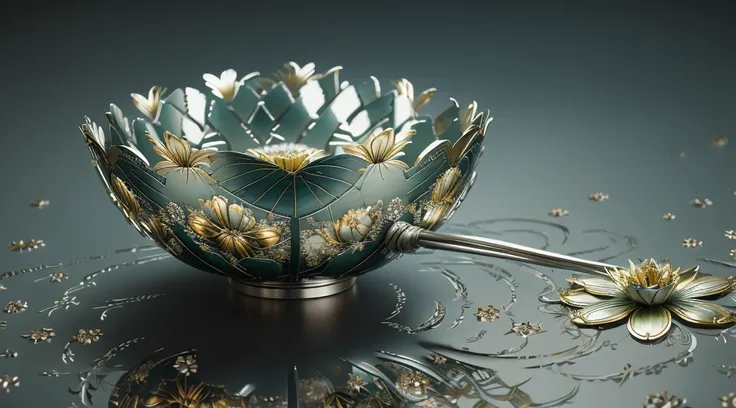 Best Quality, 8k, Masterpiece: 1.2, Ultra-Detailed, Realistic:  Metal Water Lily Flowers (Shiny Petals, Delicate Crafts, Detailed Engravings, Shimmering Reflections).