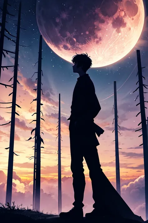 highest quality,big moon and shadow,A silhouette of a person can be seen against the background of the big moon.,There is one full moon,There is a mood,beautiful scenery,starry sky