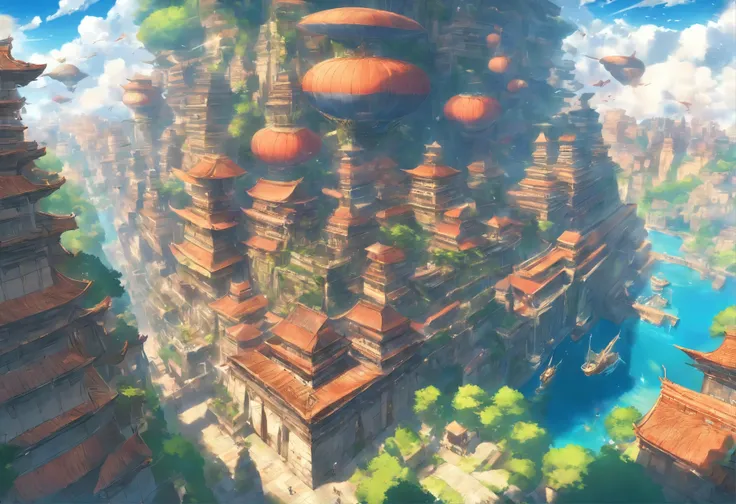 Ancient civilizations that once flourished, gorgeous sights, and groups of airships passing by, birds eye view, aerial view