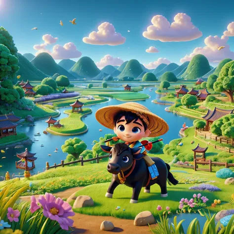 (Tilt-Shift:1.4)，During the Qingming Festival, a gentle rain, an adorable Chinese boy in light-colored Hanfu and wearing a straw hat is sitting atop a black bull, playing a flute, reminiscent of characters from Pop Mart. They are in a field with a river, g...