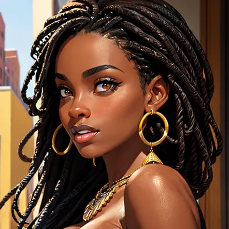 (((nude))) black African-American woman a4 hair city street detailed face stunning beauty hoop earrings bracelets necklace