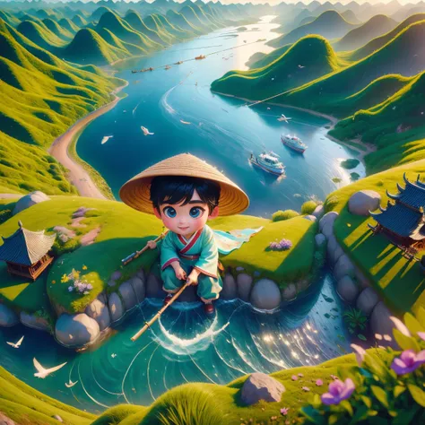 ((aerial perspective:1.5))，During the Qingming Festival, a gentle rain, an adorable Chinese boy in light-colored Hanfu and wearing a straw hat is sitting atop a black bull, playing a flute, reminiscent of characters from Pop Mart. They are in a field with ...