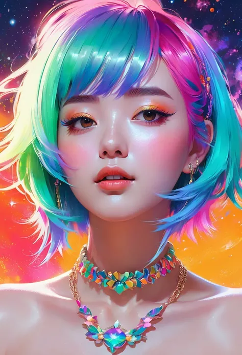 a close up of a woman with colorful hair and a necklace, anime girl with cosmic hair, rossdraws pastel vibrant, artwork in the style of guweiz, fantasy art style, colorful]”, vibrant fantasy style, rossdraws cartoon vibrant, cosmic and colorful, guweiz, co...