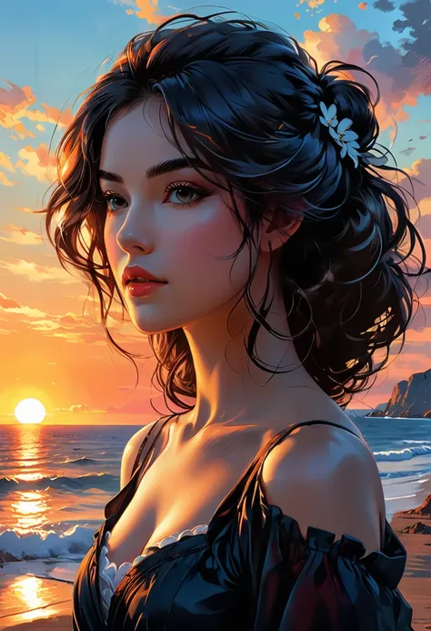 fluorescent horizon, digital brush strokes, stylish studio shading on top, Shadow art, digital illustration, comic style. close-up, high quality, 8K Ultra HD, double exposure, beautifully designed goddess silhouette and sunset coast, minimalist, crisp line...