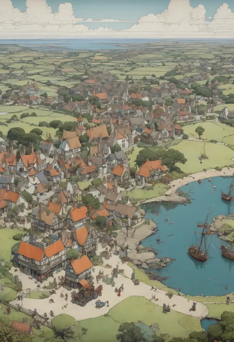 Aerial View, by W. Heath Robinson, (best quality, masterpiece, Representative work, official art, Professional, Ultra intricate detailed, 8k:1.3)