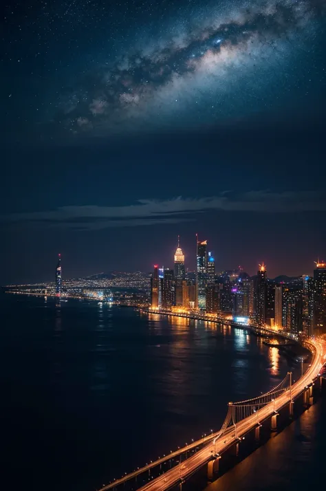 A dazzling and beautiful night view seen from the sea。Create a digital matte painting of a night view from the sea that sets sci-fi movies。