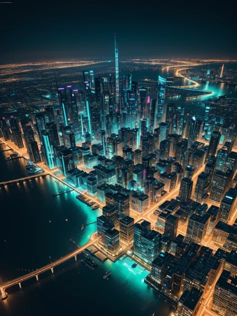 The perspective of aerial photography allows us to overlook the，See the night view of futuristic city concept art(Fluorescent colorful glow) Aerial photography perspective will bring you a unique visual experience


      (Aerial View)wide angle, Professio...