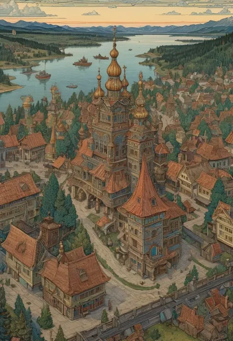 Aerial View, by Ivan Bilibin, best quality, masterpiece, 8k, Representative work, official art, Professional, Ultra intricate detailed