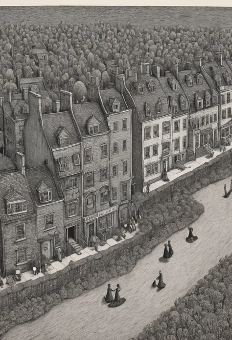 Aerial View, by Edward Gorey, best quality, masterpiece, 8k, Representative work, official art, Professional, Ultra intricate detailed