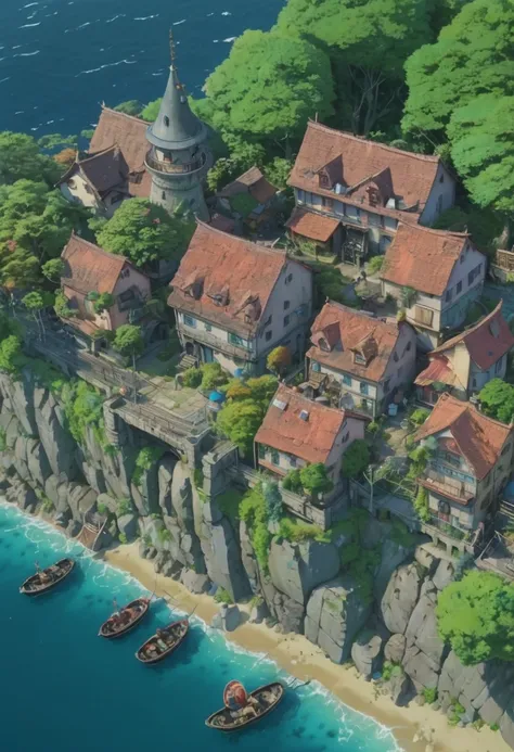 Aerial View, by Studio Ghibli Style, (best quality, masterpiece, Representative work, official art, Professional, Ultra intricate detailed, 8k:1.3)