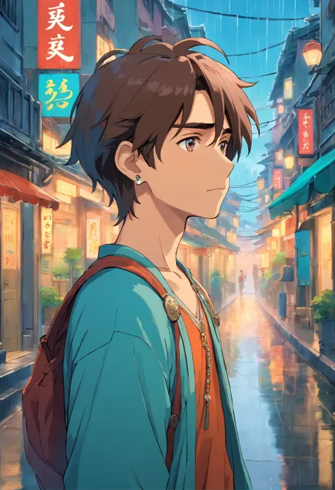 anime young man, long necklace and earrings, clean short beard, In the style of a rainy city landscape, colorful animated still images, Masami Teraoka, Aquamarine, paul gauguin, embry style, honest depiction