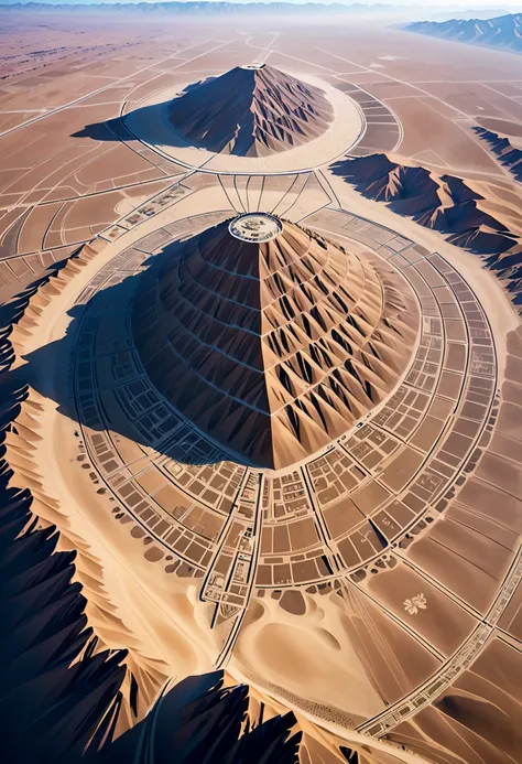 A breathtaking aerial view of the Nazca Lines in Peru, showcasing the intricate geoglyphs etched into the desert floor. The vast expanse of the Peruvian desert stretches out beneath, with the lines appearing as dark, mysterious symbols against the pale, sa...