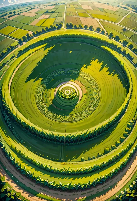 A mesmerizing aerial drone shot of a vast American cornfield, with a mysterious crop circle at the center. The rows of corn stretch out in perfect symmetry, forming an intricate pattern that leads to the enigmatic design of the circle. The cornstalks are a...