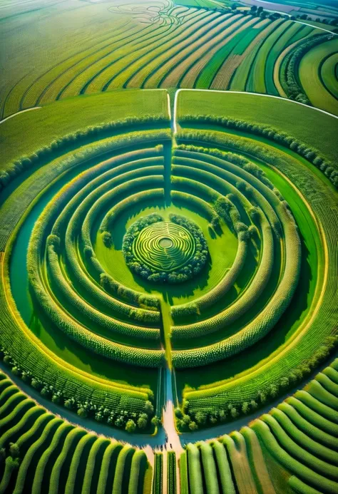 A mesmerizing aerial drone shot of a vast American cornfield, with a mysterious crop circle at the center. The rows of corn stretch out in perfect symmetry, forming an intricate pattern that leads to the enigmatic design of the circle. The cornstalks are a...