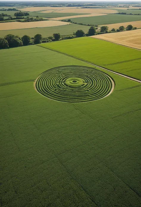 A captivating aerial drone shot of a vast American cornfield, with a mysterious crop circle at its center. The rows of corn stretch out in perfect symmetry, forming an intricate pattern that leads to the enigmatic design of the circle. The cornstalks are a...